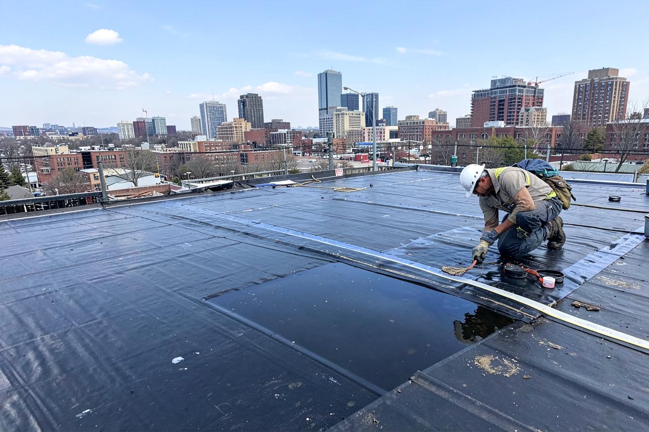 Roofer repairing an EPDM flat roof membrane seam near a ponding area with a New Jersey skyline behind