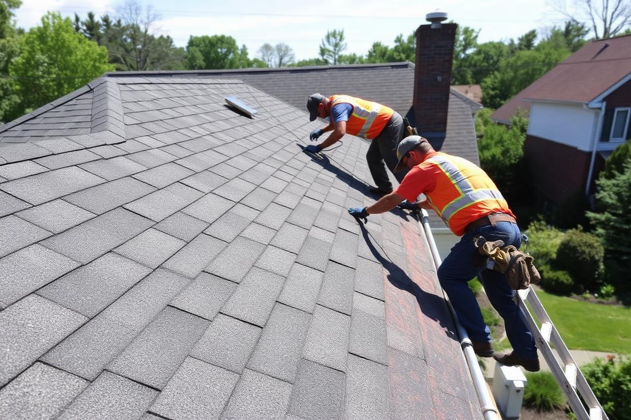 Crew nailing architectural asphalt shingles over new underlayment