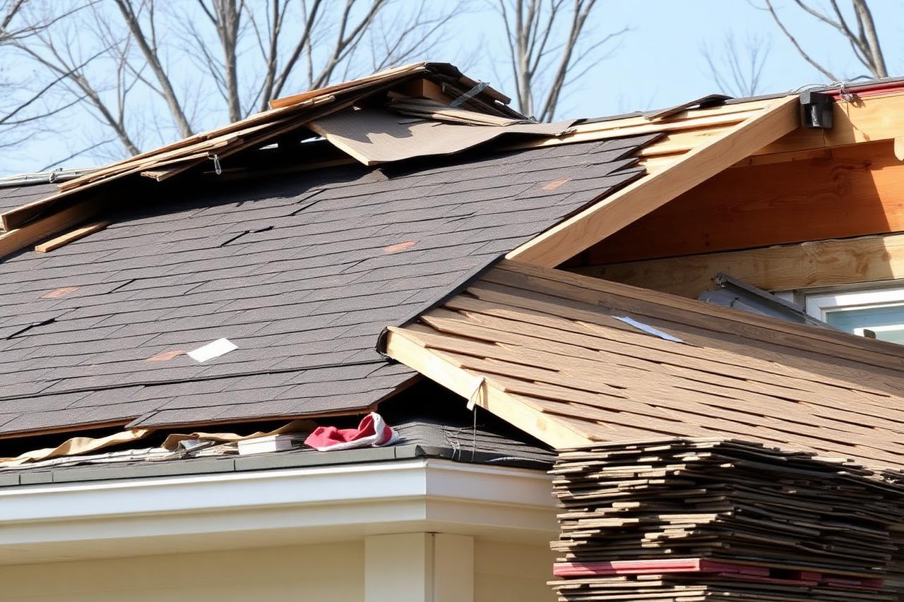 Roof tear-off exposing plywood decking and rafters on a New Jersey house