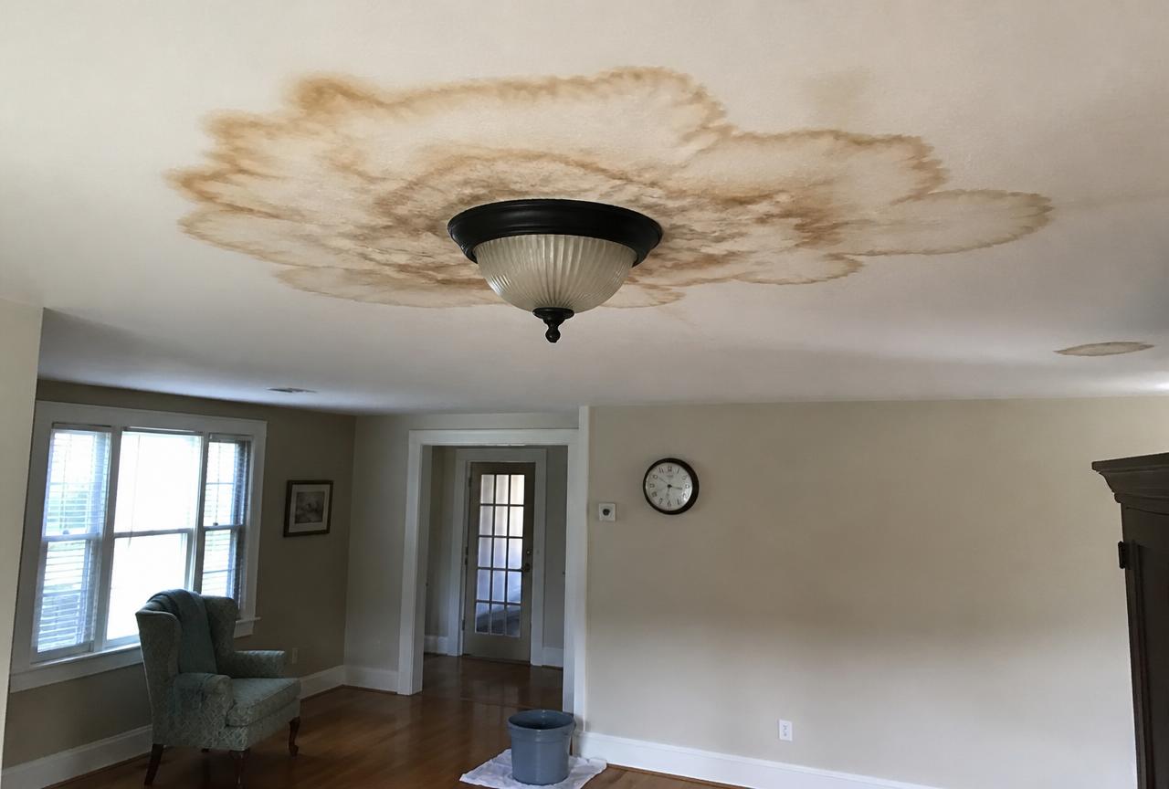 Water stain spreading across a living room ceiling around a light fixture