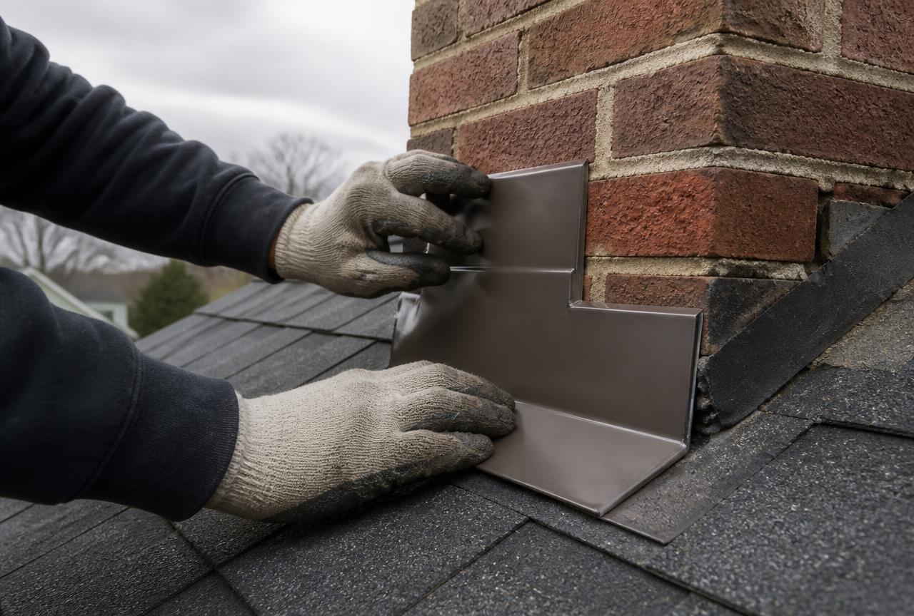 Roofer fitting new step flashing where a brick chimney meets shingles