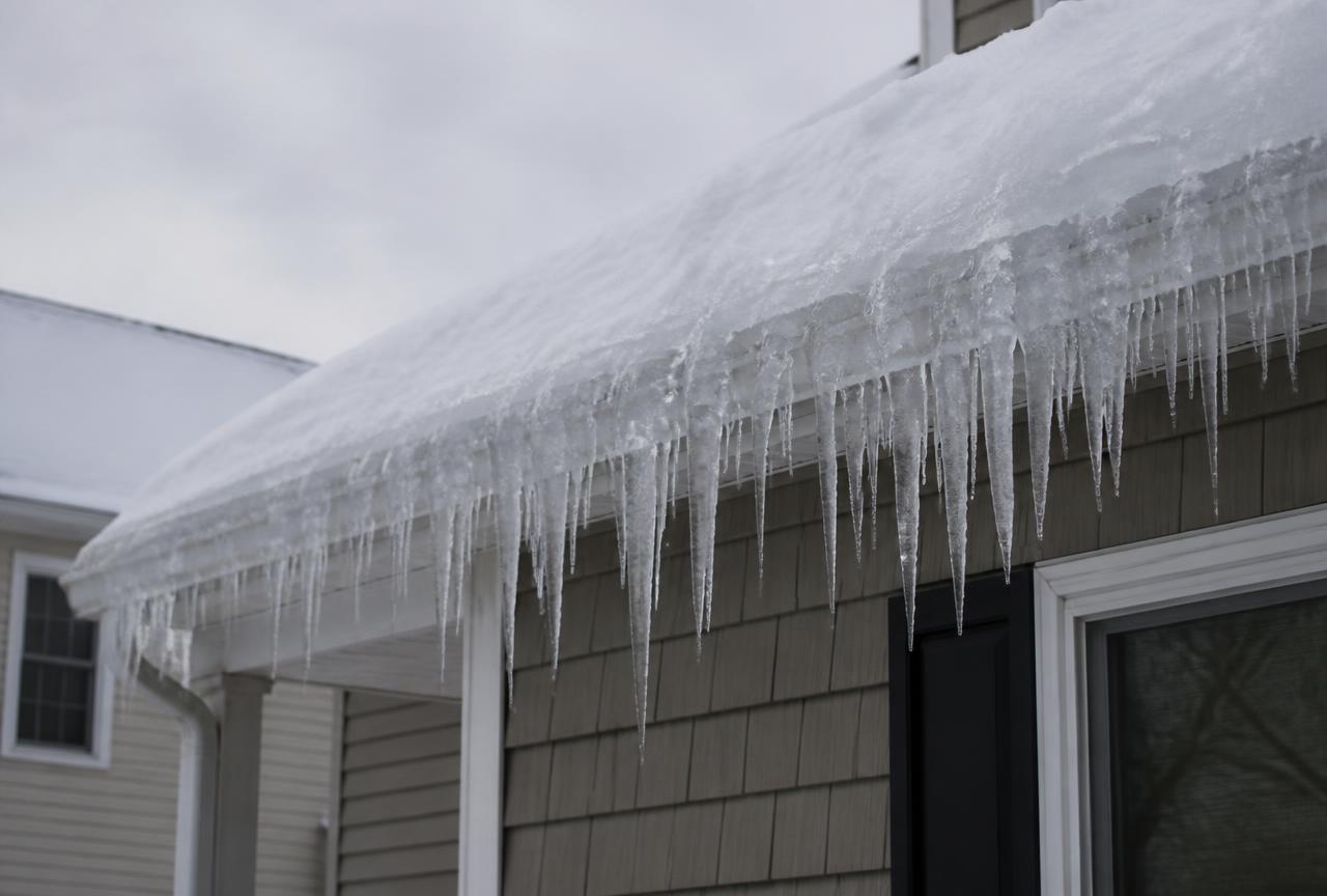 Ice dam and icicles built up along the gutter line of a New Jersey home
