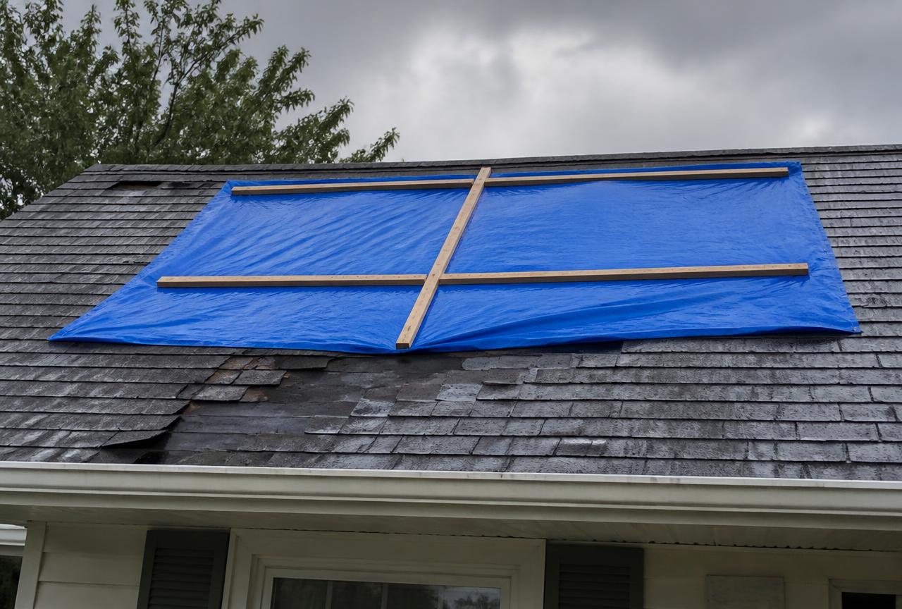 Emergency tarp battened over a storm-damaged section of shingle roof