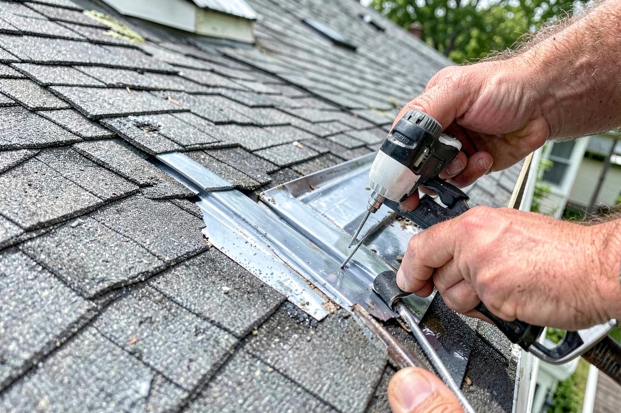 Roofer installing new valley metal and shingles during a leak repair