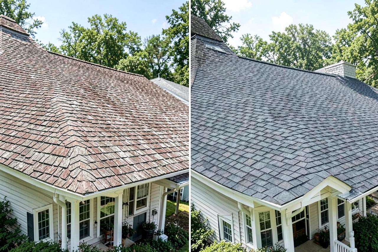 Before and after roof replacement: weathered curled shingles next to new architectural shingles