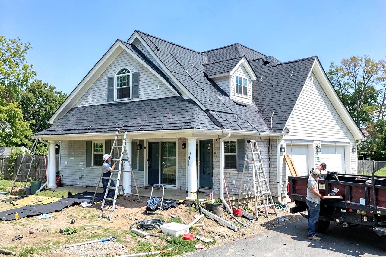 Crew mid roof replacement with ladders and dump trailer at a New Jersey house