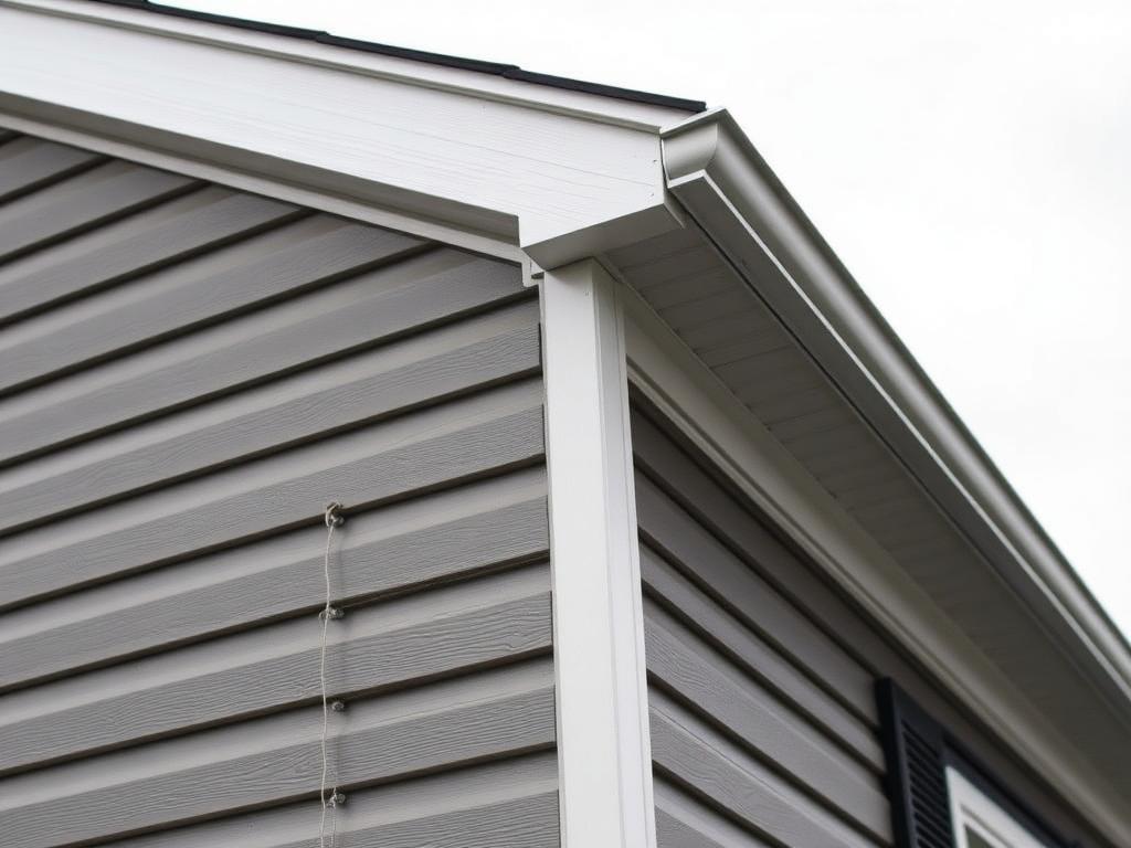 Newly installed grey vinyl siding with white trim on a house corner