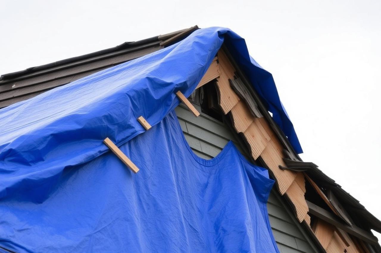 Emergency tarp battened with furring strips over a damaged roof slope