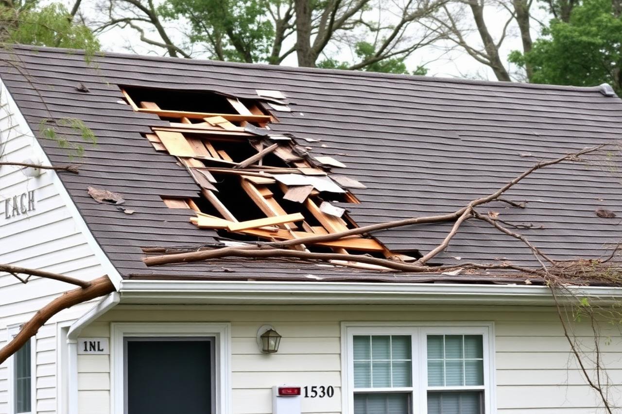 Storm-damaged roof with a fallen limb and shingles torn away to the decking